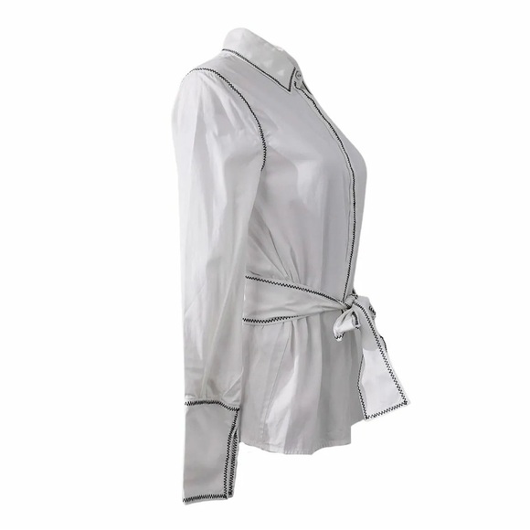 C/MEO NWT Long Sleeve Belted Button Up White Contemporary Business Blouse Top - Picture 3 of 9